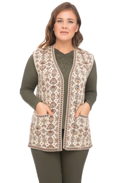 Kadın Taş Çiçek Desenli Cepli Kilim Yelek ürün görseli 1