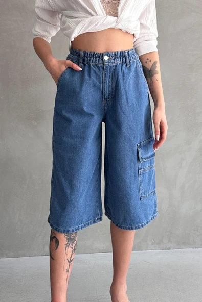 Diz Altı Geniş Kesim Tek Cepli Denim Bermuda ürün görseli 1
