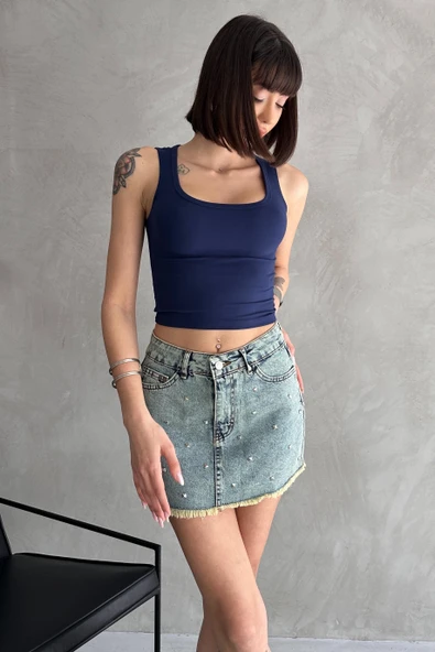 Taşlı Püsküllü Eskitme Mini Denim Etek - Resim 3
