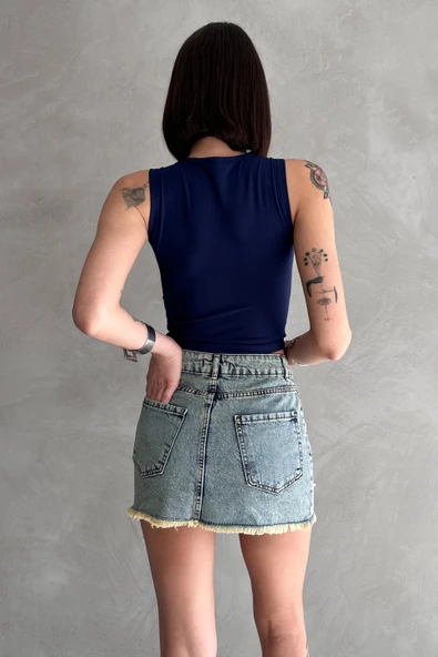 Taşlı Püsküllü Eskitme Mini Denim Etek - Resim 5