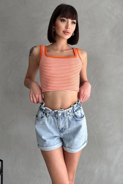 Beli Lastikli Pileli Duble Paça Denim Şort - Resim 3
