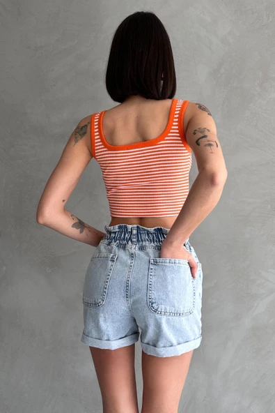 Beli Lastikli Pileli Duble Paça Denim Şort - Resim 5