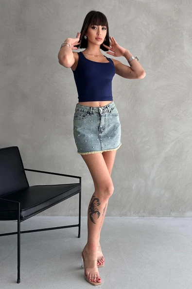 Taşlı Püsküllü Eskitme Mini Denim Etek - Resim 2