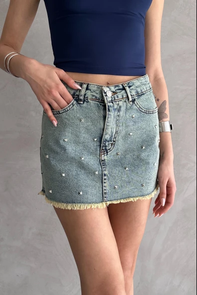 Taşlı Püsküllü Eskitme Mini Denim Etek ürün görseli 1