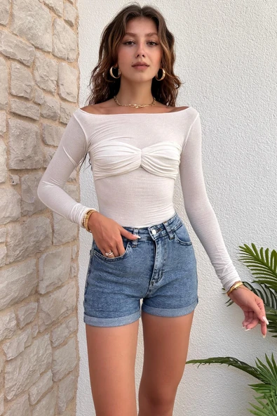 Kadın Duble Paça Denim Mini Şort - Resim 3