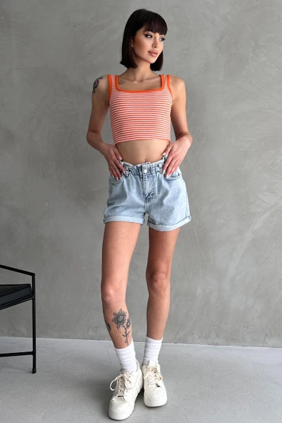 Beli Lastikli Pileli Duble Paça Denim Şort - Resim 2