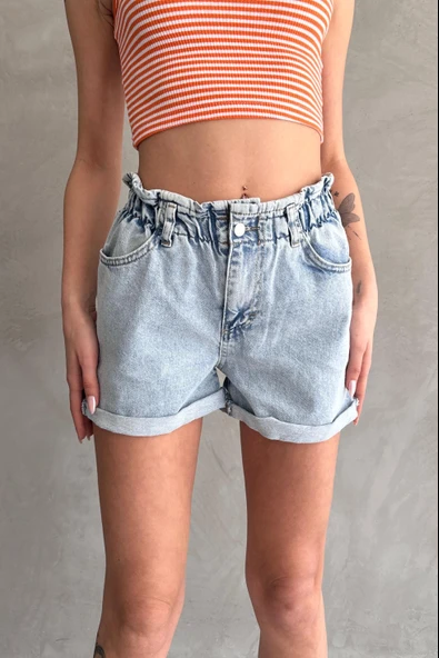 Beli Lastikli Pileli Duble Paça Denim Şort ürün görseli 1