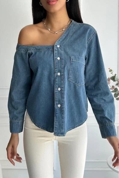 Kadın Regular Tek Omuz Denim Mavi Gömlek - Resim 9