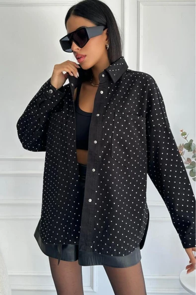 Kadın Oversize Taşlı Denim Siyah Ceket - Resim 4