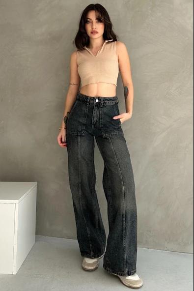 Normal Bel Geniş Paça Wide Leg Jean - 7750 - Resim 4