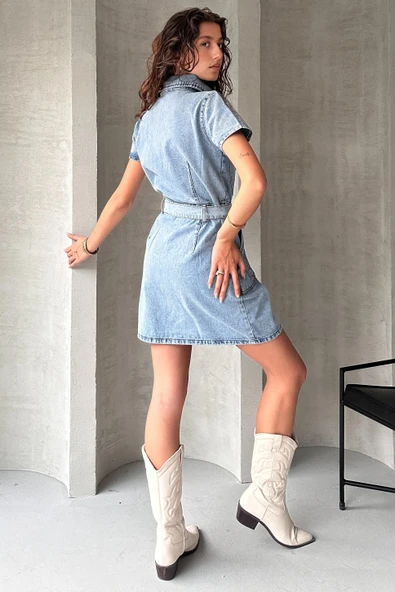 Kemerli Kısa Kol Denim Elbise - Resim 2