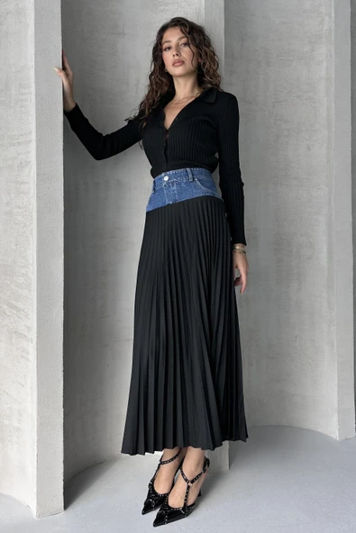 Denim Detay Pileli Etek - Resim 5