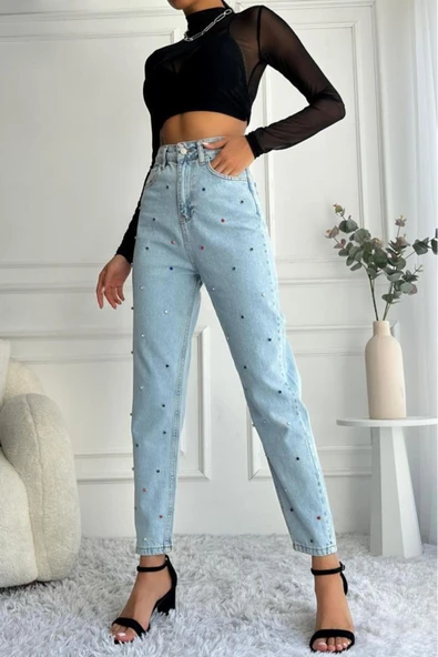Kadın Yüksek Bel Taşlı Mom Fit Mavi Jean Pantolon ürün görseli 1