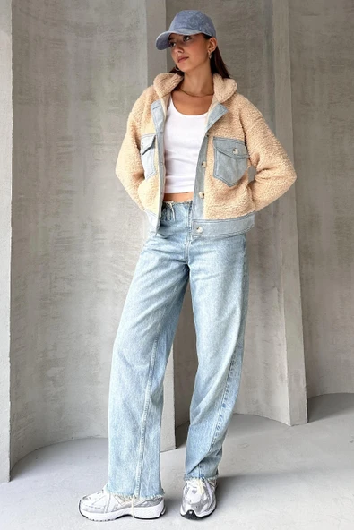 Suni Yünlü Denim Detaylı Ceket - Resim 2