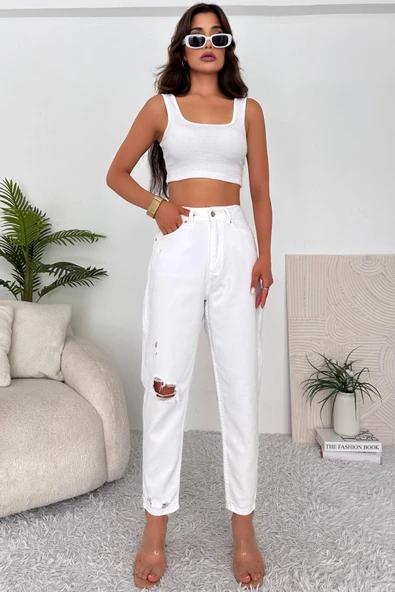 Kadın Yüksek Bel Yırtık Detaylı Mom Fit Jean Pantolon ürün görseli 1