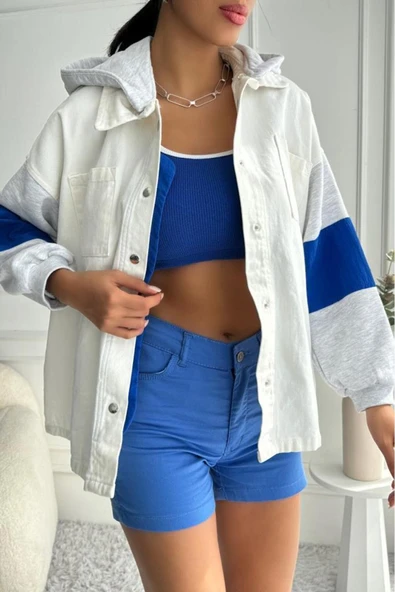 Kadın Oversize Çıkarılabilir Kapüşonlu Denim Bej Ceket ürün görseli 1