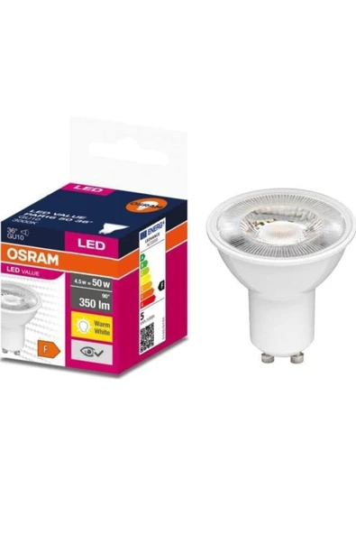 Osram Led Value 4.5w=50w Gu10 Duylu 2700Kelvin Warm White Sarı Işık 350Lümen F Enerji Led Spot Ampul ürün görseli 1