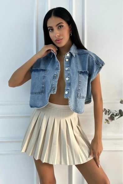 Kadın Crop Oversize Mavi Denim Yelek - Resim 9
