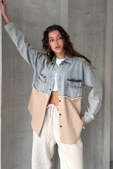 Yarı Eskitme Denim Detaylı Gömlek ürün görseli 1
