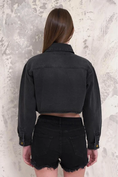 Kadın Taşlı Crop Denim Ceket - Resim 7
