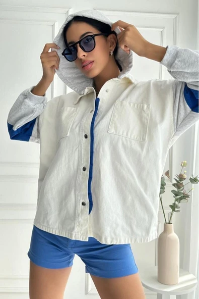 Kadın Oversize Çıkarılabilir Kapüşonlu Denim Bej Ceket - Resim 5