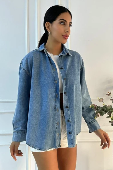 Kadın Oversize Mavi Denim Gömlek - Resim 5