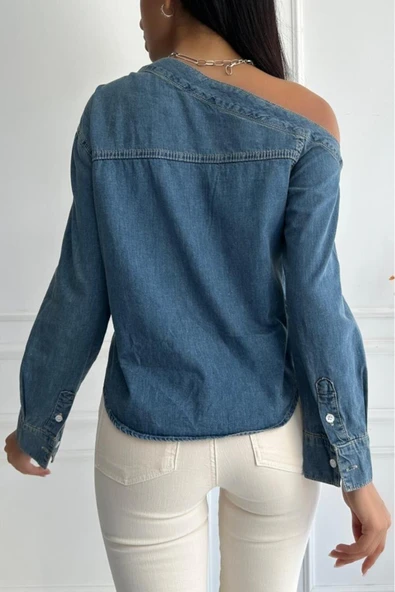 Kadın Regular Tek Omuz Denim Mavi Gömlek - Resim 12