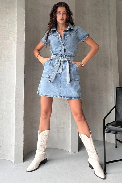 Kemerli Kısa Kol Denim Elbise - Resim 5