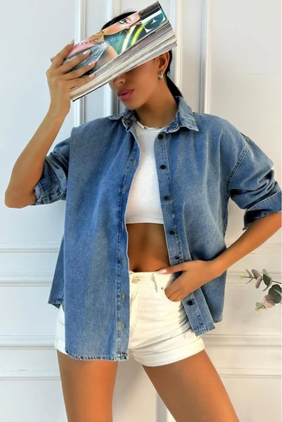 Kadın Oversize Mavi Denim Gömlek - Resim 6