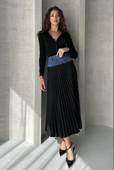 Denim Detay Pileli Etek - Resim 2