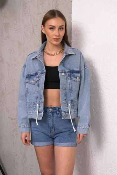 Kadın Oversize Bel Ayarlamalı Denim Ceket - Resim 7