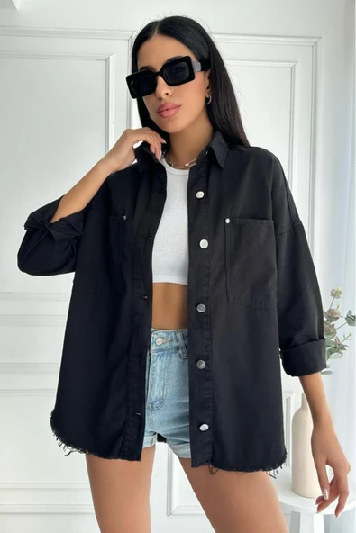 Kadın Oversize Etek Ucu Püsküllü Denim Siyah Gömlek ürün görseli 1