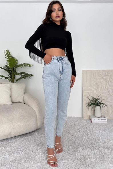 Kadın Yüksek Bel Taşlı Jean Pantolon ürün görseli 1