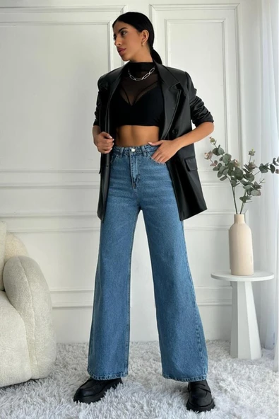 Kadın Yüksek Bel Wide Leg Mavi Jean Pantolon ürün görseli 1