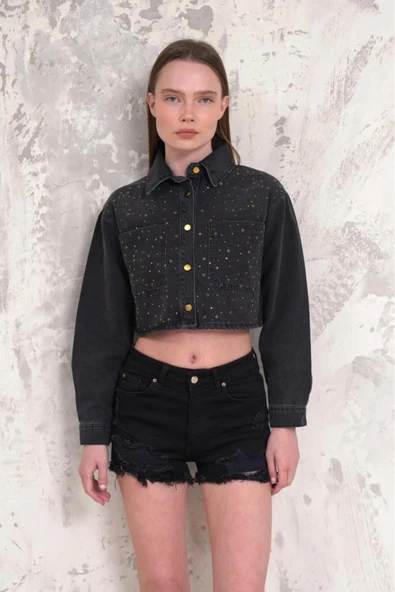 Kadın Taşlı Crop Denim Ceket ürün görseli 1
