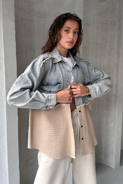 Yarı Eskitme Denim Detaylı Gömlek - Resim 8