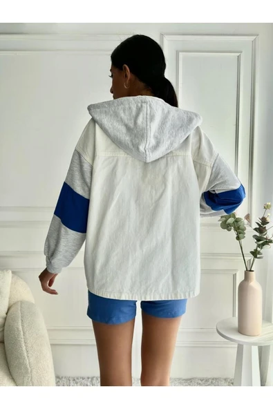 Kadın Oversize Çıkarılabilir Kapüşonlu Denim Bej Ceket - Resim 2