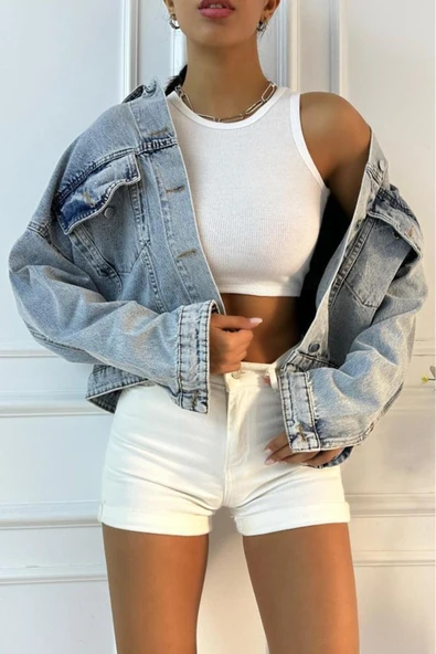 Kadın Oversize Denim Mavi Ceket - Resim 9
