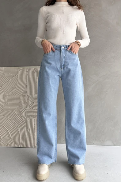 Yüksek Bel Geniş Paça Dikişsiz Paça Wide Leg Jean - 1419 ürün görseli 1