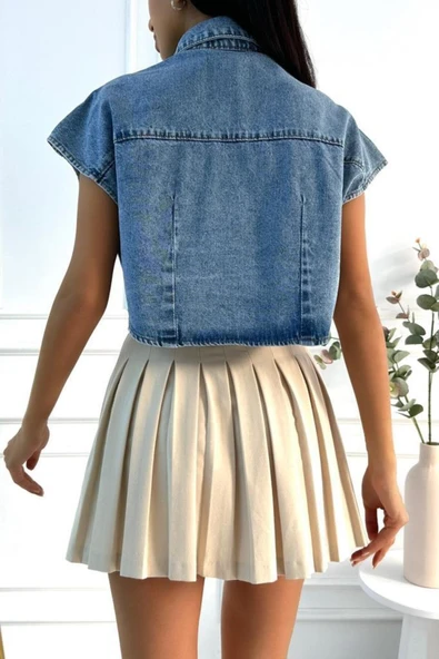 Kadın Crop Oversize Mavi Denim Yelek - Resim 7