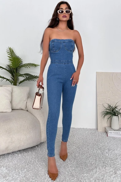 Kadın Likralı Straplez Denim Tulum ürün görseli 1