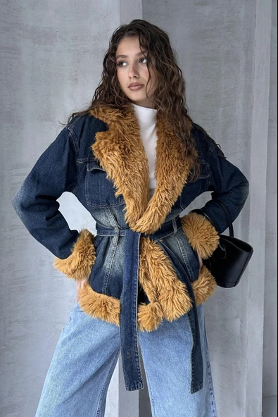Kemerli Denim Kürk Ceket - Resim 5
