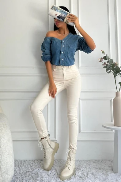 Kadın Regular Tek Omuz Denim Mavi Gömlek - Resim 3
