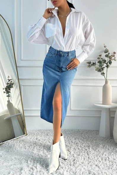 Kadın Midi Boy Pens Detaylı Yırtmaçlı Denim Mavi Etek ürün görseli 1