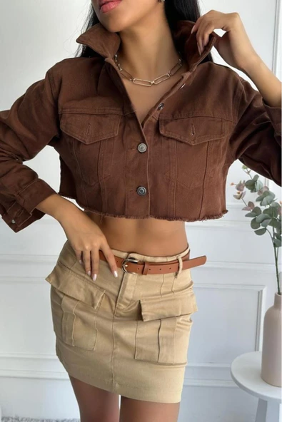 Kadın Etek Ucu Püsküllü Crop Denim Ceket ürün görseli 1