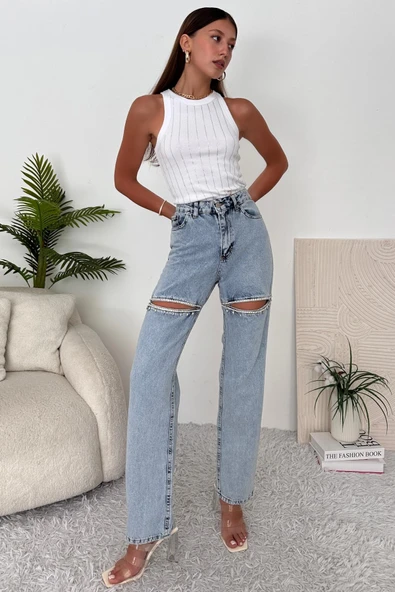 Kadın Yüksek Bel Yırtık Detaylı Taşlı Jean Pantolon ürün görseli 1