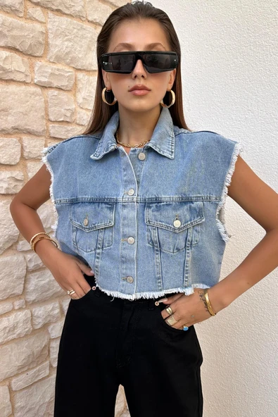 Kadın Püsküllü Denim Yelek ürün görseli 1