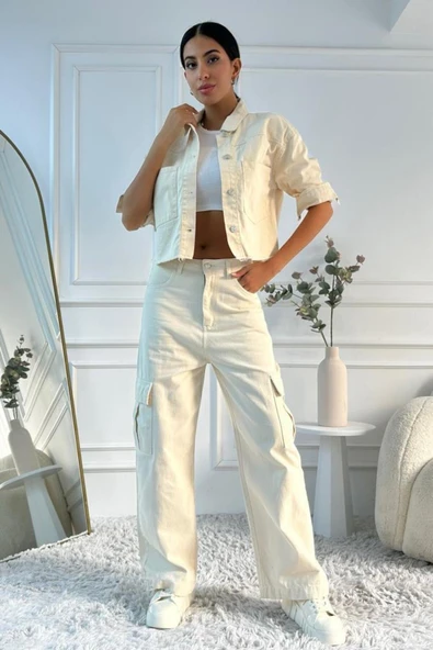 Kadın Yüksek Bel Wide Leg Bej Kargo Jean Pantolon ürün görseli 1