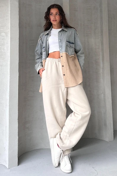 Yarı Eskitme Denim Detaylı Gömlek - Resim 2
