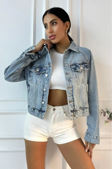 Kadın Yıpratmalı Vintage Mavi Denim Ceket ürün görseli 1
